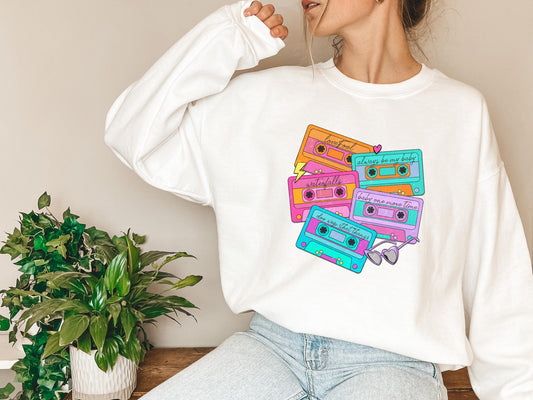 90's Music Inspired Cassette Tape Design Crewneck Sweatshirt