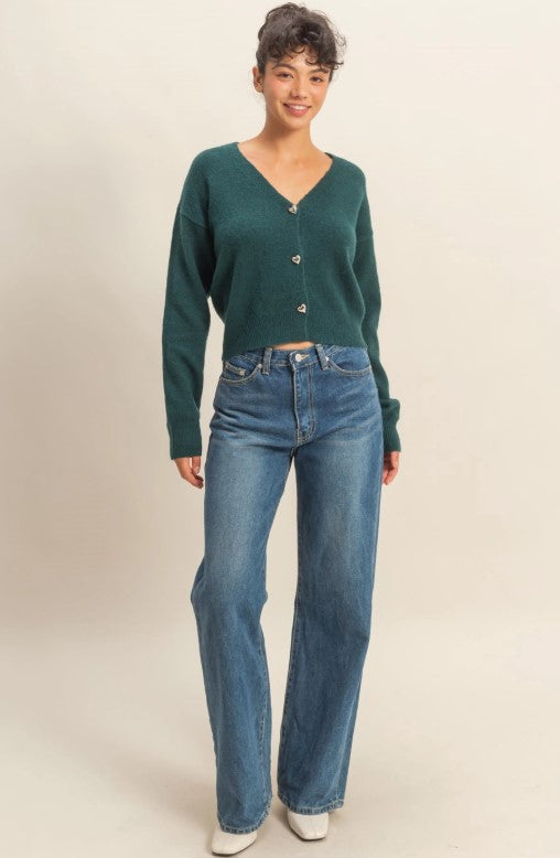 Sweetheart Button Cardigan-Green