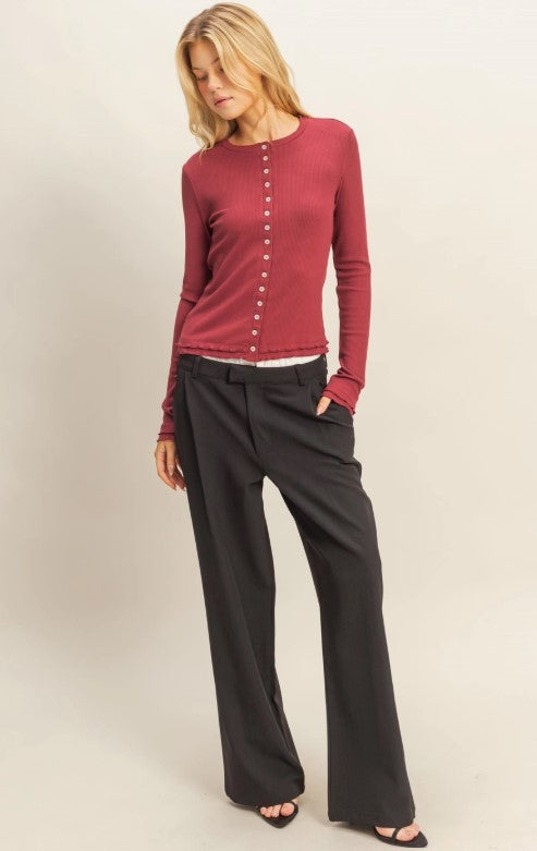 Ribbed Detailed Cardigan-Wine