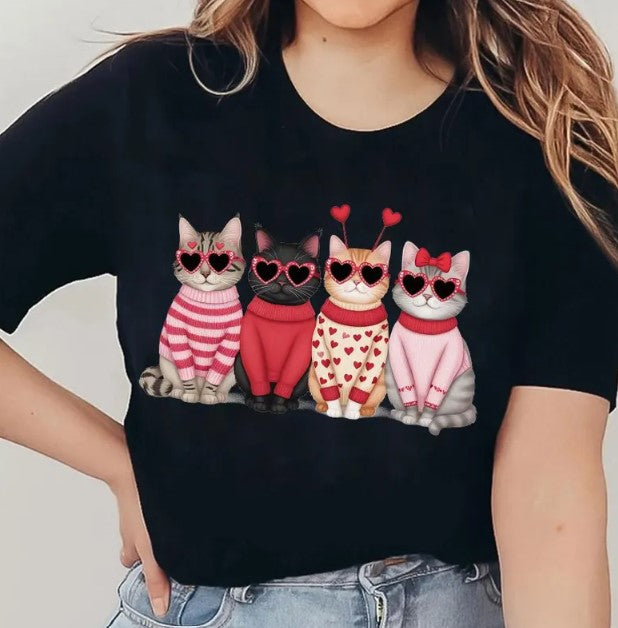 Valentine Cats Graphic Tee – Cute Heart Sunglasses Cat Shirt