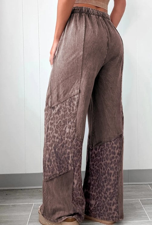 Coffee Mineral Wash Leopard Patch Work Pants