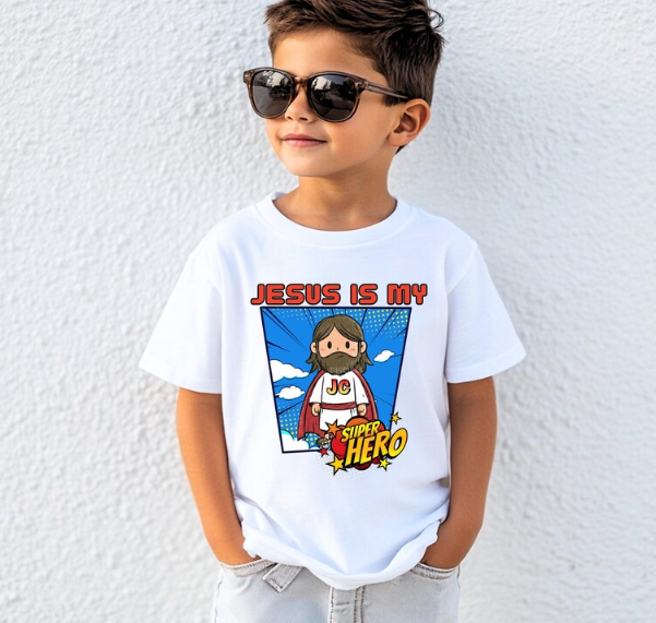 Jesus Is My Super Hero Kids Graphic T-Shirt | Christian Faith Tee for Boys & Girls