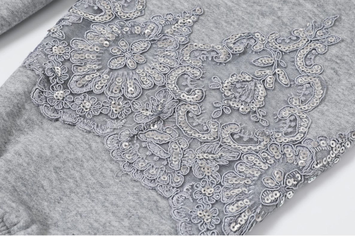 Luxe Lace-Detail Hoodie – Heather Grey
