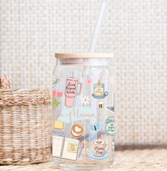 Mama Glass Tumbler with Straw – Cute Mother’s Day Iced Coffee Cup