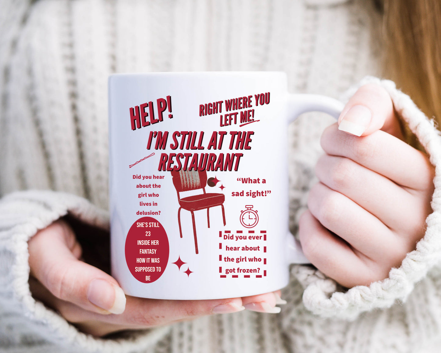 "White ceramic mug featuring red lyrics and illustrations inspired by Taylor Swift’s 'Right Where You Left Me' song"