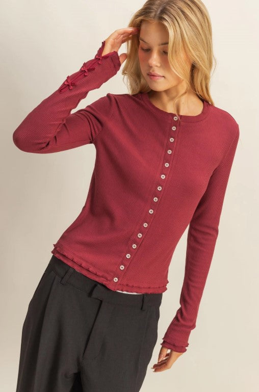 Ribbed Detailed Cardigan-Wine
