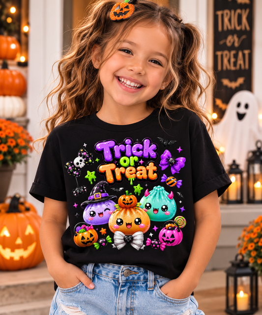Cute Trick or Treat Halloween Kids T-Shirt | Kawaii Pumpkin Dumpling Tee for Girls | Spooky Fall Graphic Shirt