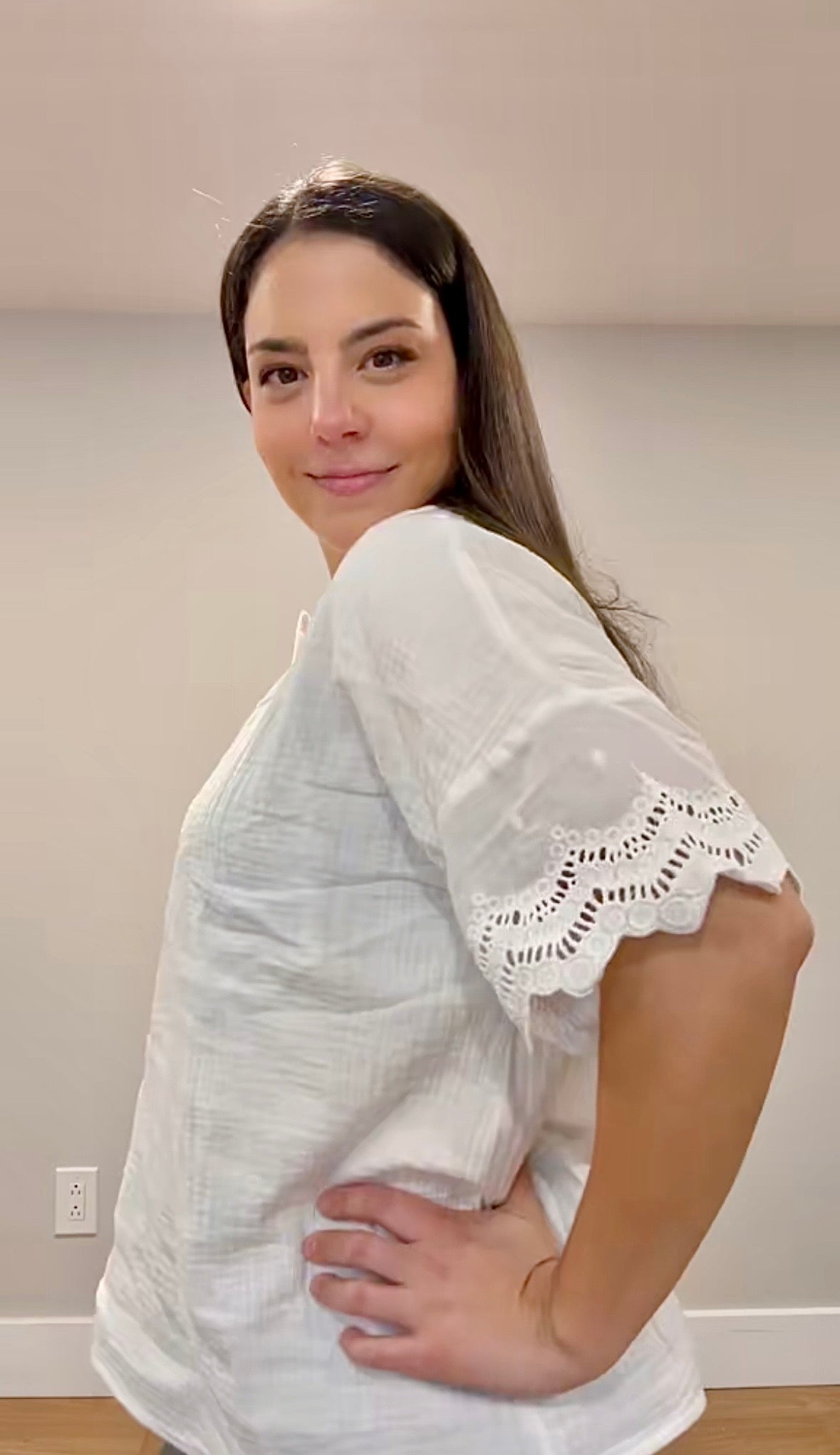 White Cotton Crinkle Lace Sleeve Top