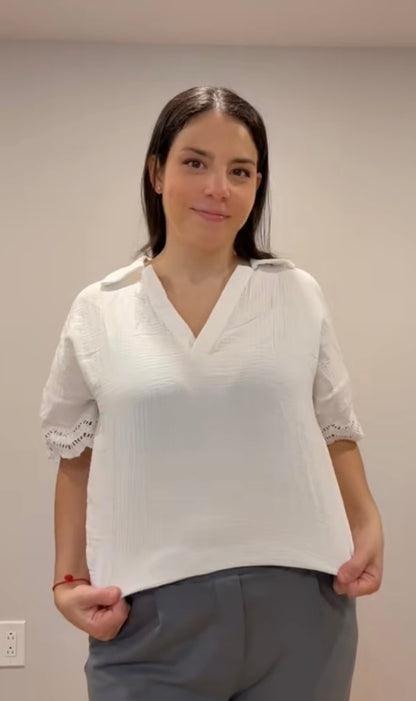 White Cotton Crinkle Lace Sleeve Top