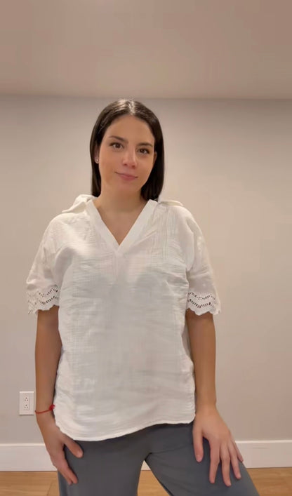 White Cotton Crinkle Lace Sleeve Top