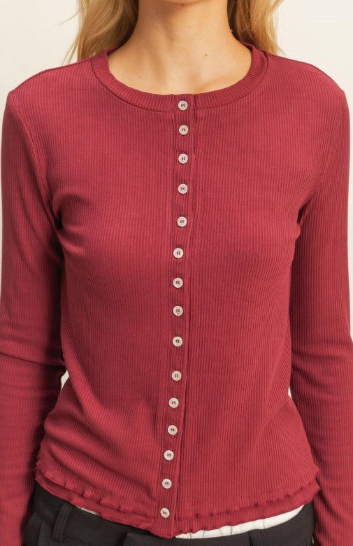 Ribbed Detailed Cardigan-Wine