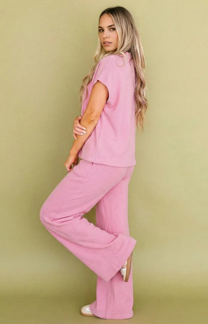 Blush Pink 2-Piece Lounge Set – Soft Relaxed Fit Top & Wide-Leg Pants