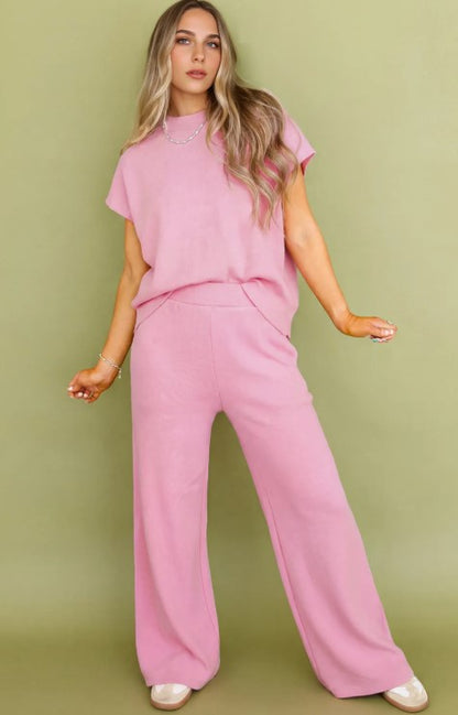 Blush Pink 2-Piece Lounge Set – Soft Relaxed Fit Top & Wide-Leg Pants