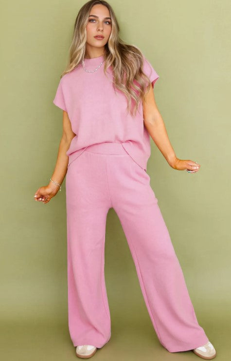 Blush Pink 2-Piece Lounge Set – Soft Relaxed Fit Top & Wide-Leg Pants