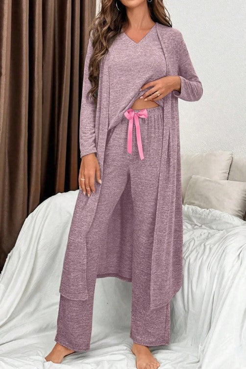 3 Piece Lounge Set-Soft Cardigan, V-Neck Top & Wide-Leg Pants | Cozy Women’s Loungewear