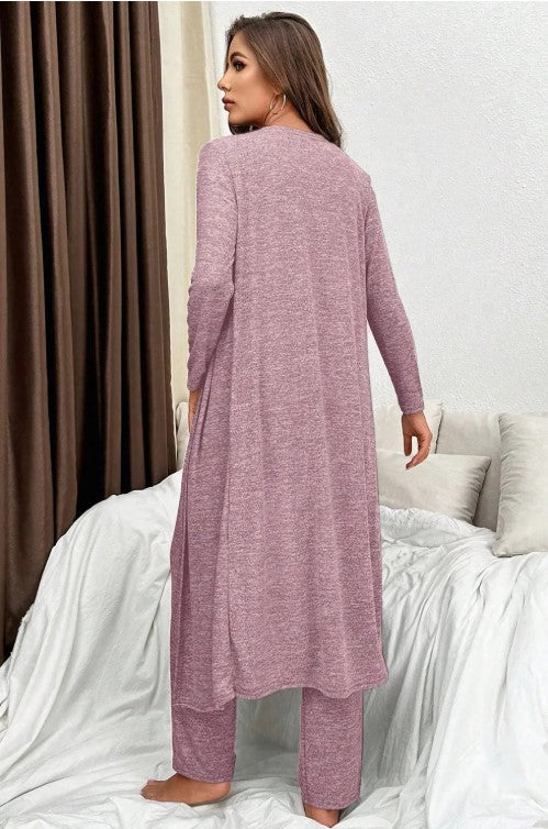 3 Piece Lounge Set-Soft Cardigan, V-Neck Top & Wide-Leg Pants | Cozy Women’s Loungewear