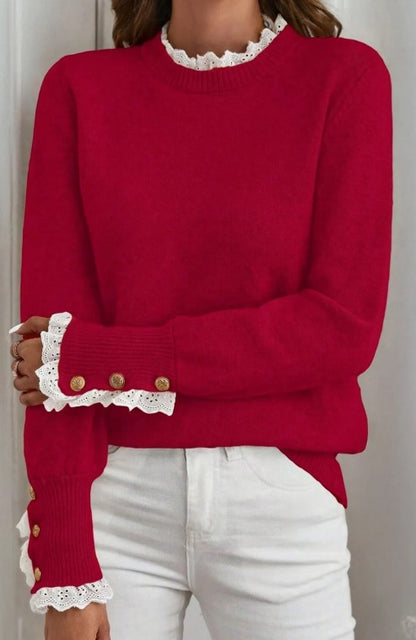 Red Lace Trim Sweater – Elegant Button Cuff Knit Sweater