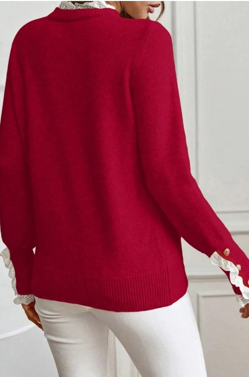 Red Lace Trim Sweater – Elegant Button Cuff Knit Sweater