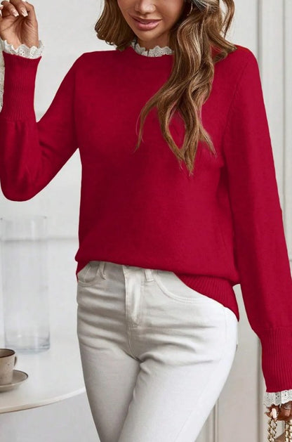 Red Lace Trim Sweater – Elegant Button Cuff Knit Sweater