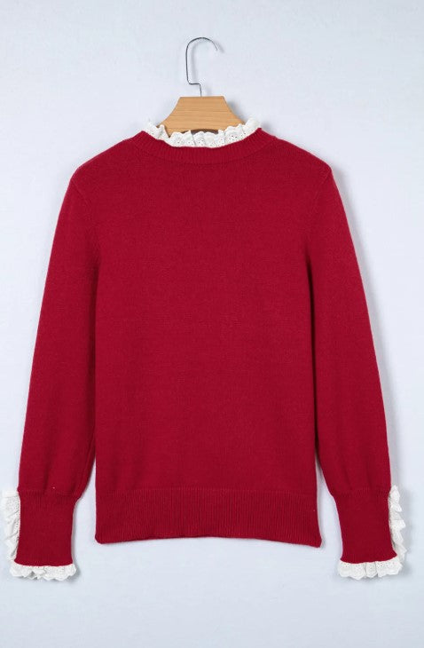Red Lace Trim Sweater – Elegant Button Cuff Knit Sweater