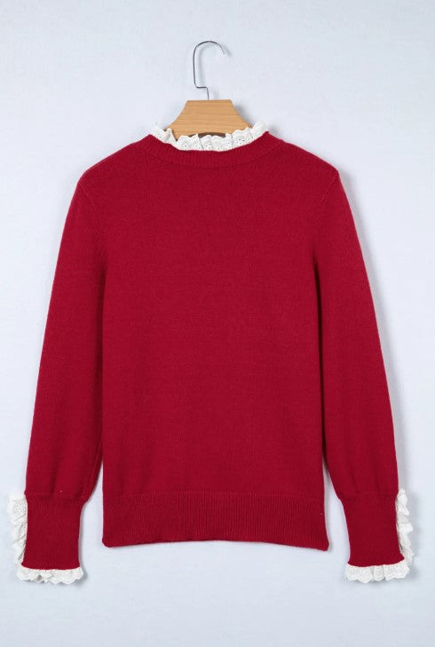 Red Lace Trim Sweater – Elegant Button Cuff Knit Sweater