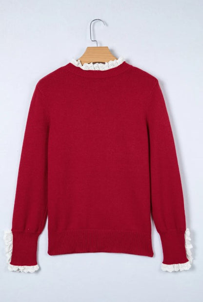 Red Lace Trim Sweater – Elegant Button Cuff Knit Sweater