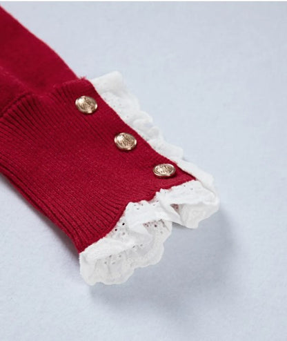 Red Lace Trim Sweater – Elegant Button Cuff Knit Sweater