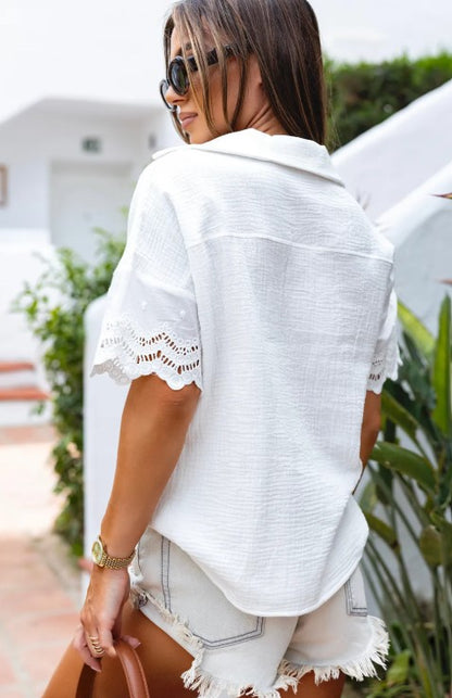 White Cotton Crinkle Lace Sleeve Top