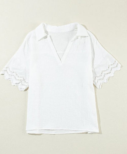 White Cotton Crinkle Lace Sleeve Top