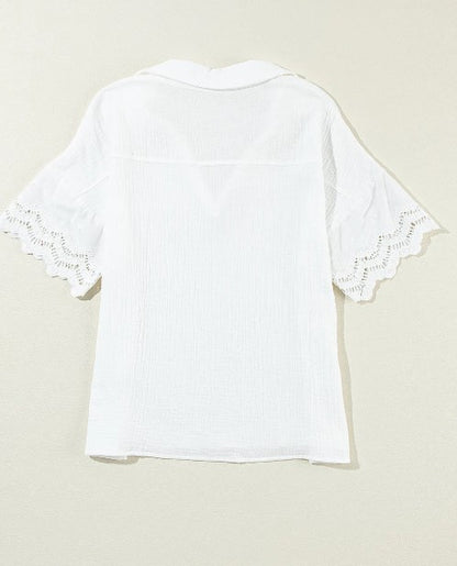 White Cotton Crinkle Lace Sleeve Top