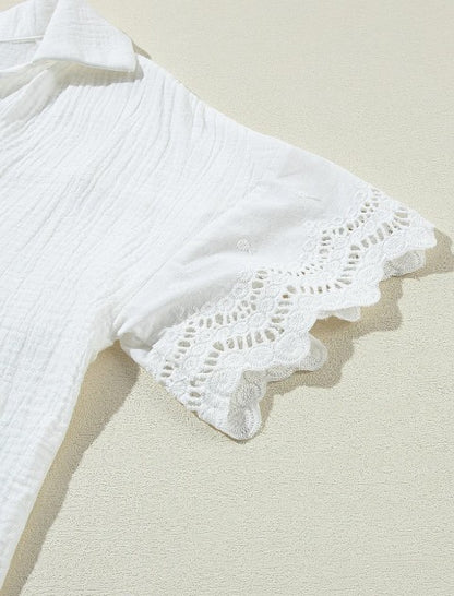 White Cotton Crinkle Lace Sleeve Top