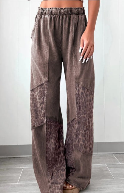 Coffee Mineral Wash Leopard Patch Work Pants