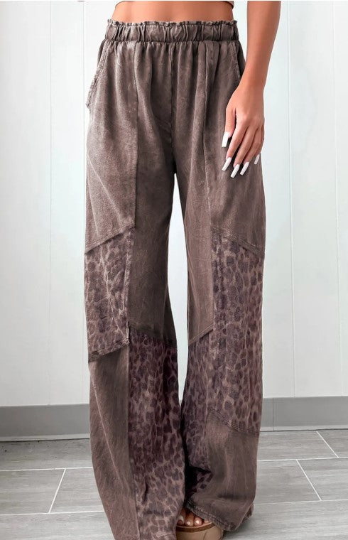 Coffee Mineral Wash Leopard Patch Work Pants