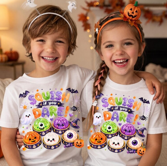 Squish If You Dare Kids Halloween T-Shirt | Cute Kawaii Spooky Graphic Tee
