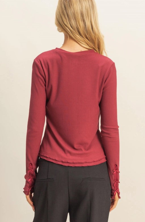 Ribbed Detailed Cardigan-Wine