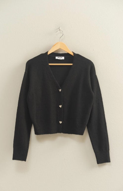 Sweetheart Button Cardigan-Black
