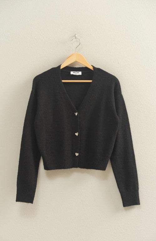 Sweetheart Button Cardigan-Black