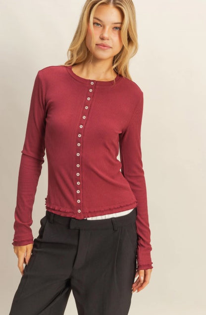 Ribbed Detailed Cardigan-Wine