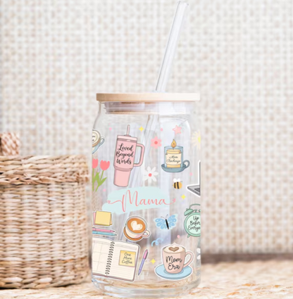 Mama Glass Tumbler with Straw – Cute Mother’s Day Iced Coffee Cup